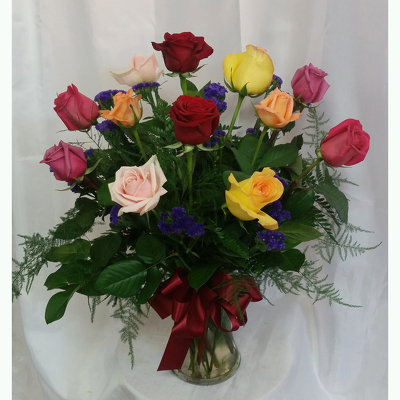 One Dozen Roses Vased- Mixed from Shaw Florists in Grand Rapids, MN