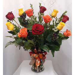 One Dozen Roses Vased- Fall Colors from Shaw Florists in Grand Rapids, MN
